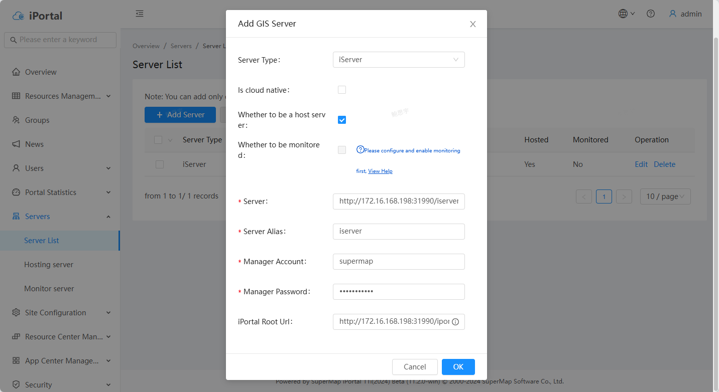 Adding iServer server in iPortal
